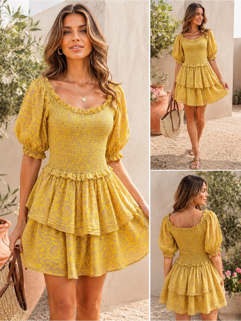 Cleobella Luna Mini Dress  Floral Smocked Puff Sleeve Cottagecore Boho Cotton
